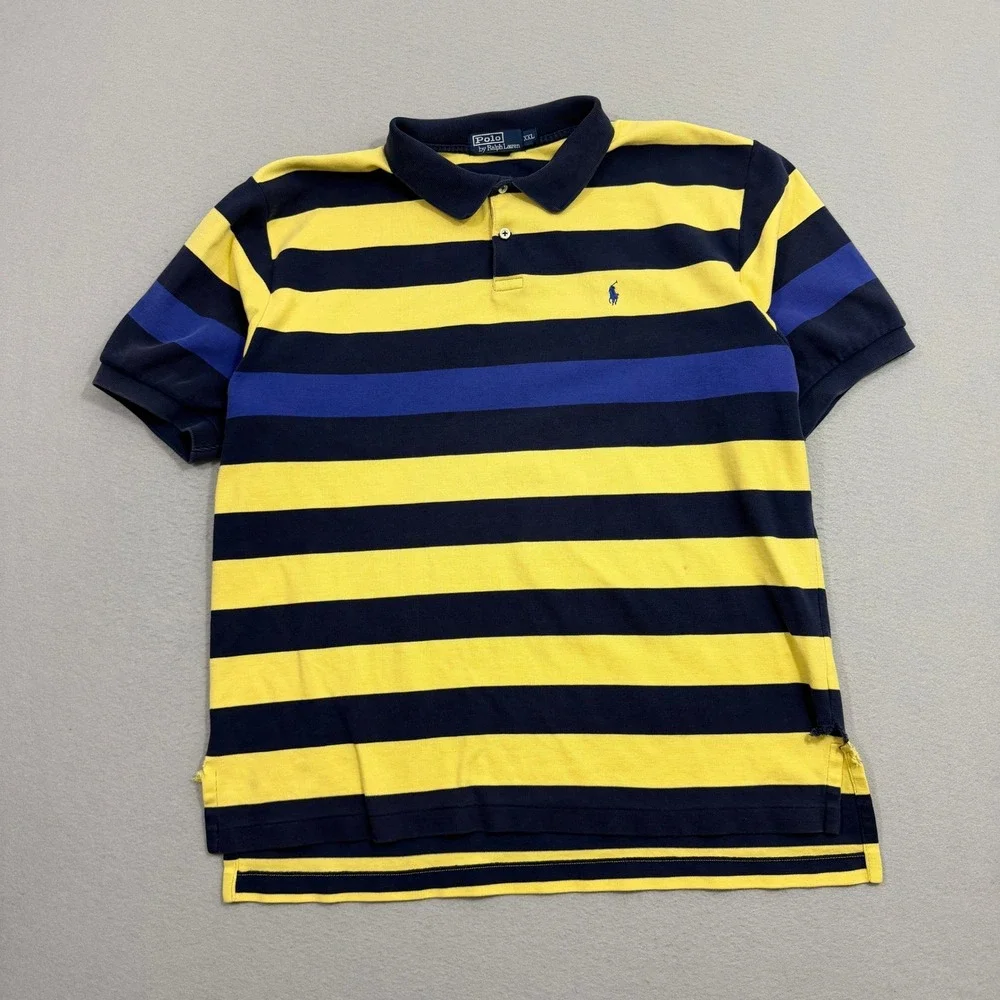 Vintage Polo Ralph Lauren Polo Men's XXL Yellow Blue Striped Short Sleeve Cotton